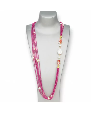 Collana Bijoux Con Pietre Dure, Zirconi Diamond Cut a 6 Fili, Perle Di Fiume Barocche 90cm Rosso Ruby-DESIGN ITALY | Worldofjewel.com