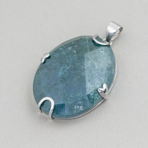 Pendant of 925 Silver and Semiprecious Stones Oval Flat Faceted 30x40mm Moss Agate