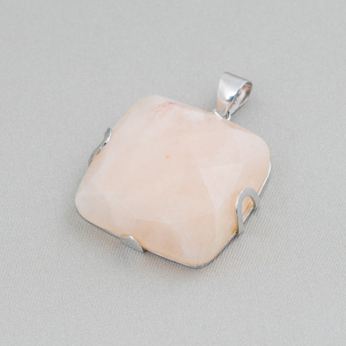 Pendentif en Argent 925 et Pierres Semi-précieuses Carré Plat Facetté 30mm - Calcite