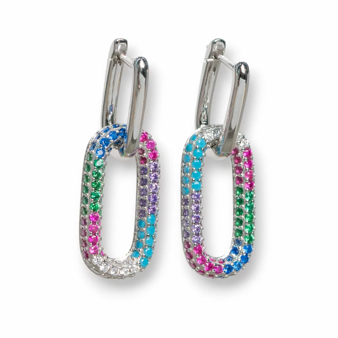 Orecchini Perno Chiuso Di Argento 925 Con Zirconi Micropave' Ovale 10x30mm 1 Paio Rodiato Multicolor-ARGENTO 925 DESIGN ITALY | Worldofjewel.com