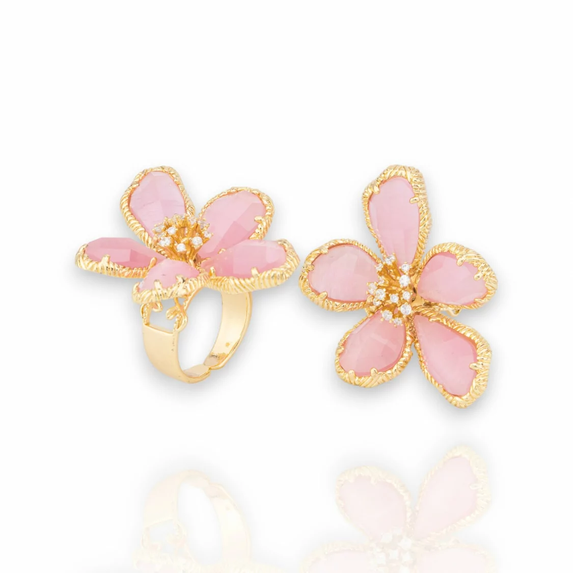 Anello Di Bronzo Con Occhio Di Gatto A Fiore 5 Petali 32x42mm Misura Regolabile Dorato Rosa-ANELLI BRONZO E OCCHIO DI GATTO | Worldofjewel.com