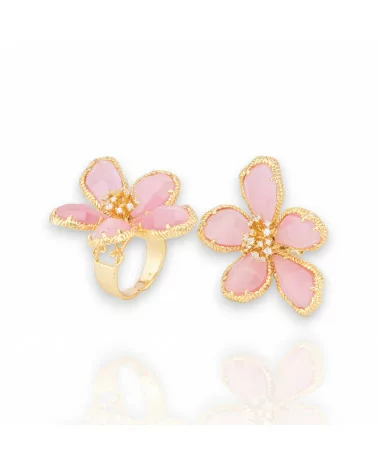 Anello Di Bronzo Con Occhio Di Gatto A Fiore 5 Petali 32x42mm Misura Regolabile Dorato Rosa-ANELLI BRONZO E OCCHIO DI GATTO | Worldofjewel.com