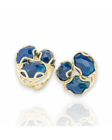 Anello Di Bronzo Collezione AURORA 25x27mm Con Pietre Dure Misura Regolabile Dorato Agata Blu Striata-ANELLI BRONZO CON PIETRE INCASTONATE | Worldofjewel.com