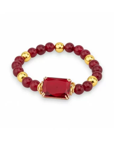 Bracciale Elastico Di Pietra Dure 8mm Con Ematite E Centrale Cabochon Di Cristallo 15x20mm Rosso Scuro-BRACCIALI DI PIETRE DURE | Worldofjewel.com