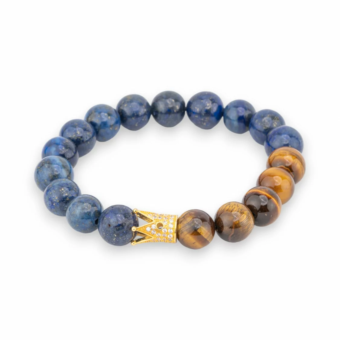 Bracciale Elastico Di Pietre Dure 10mm Con Centrale Di Bronzo Con Lapislazzuli E Occhio Di Tigre-BRACCIALI DI PIETRE DURE | Worldofjewel.com