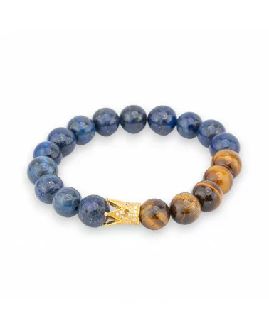 Bracciale Elastico Di Pietre Dure 10mm Con Centrale Di Bronzo Con Lapislazzuli E Occhio Di Tigre-BRACCIALI DI PIETRE DURE | Worldofjewel.com