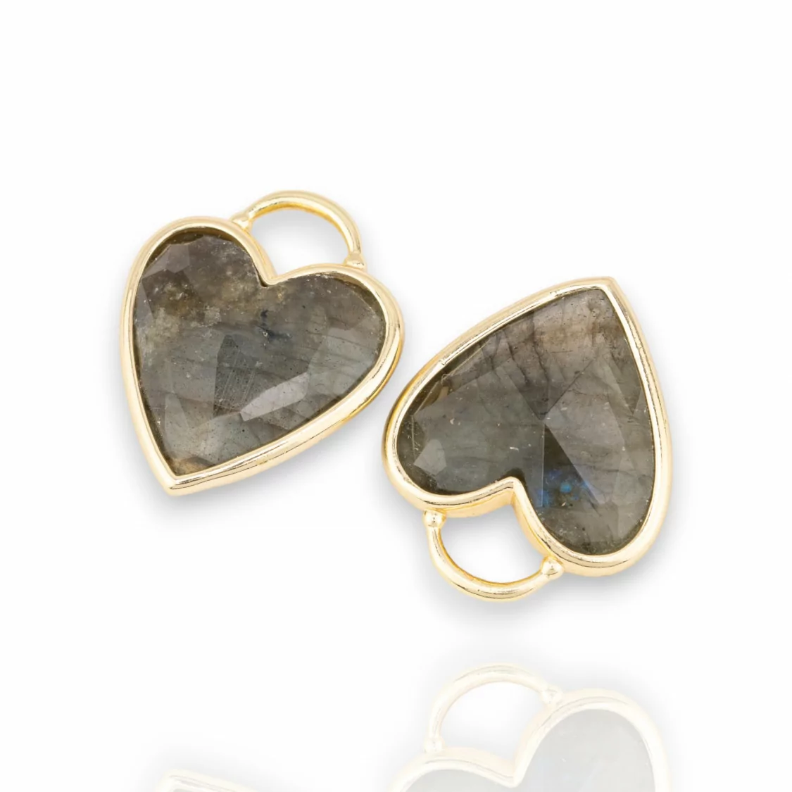 Connettore Componente Pendente Di Ottone Forma di Cuore Con Pietre Dure 20mm 4pz Dorato Labradorite- MANGO | Worldofjewel.com