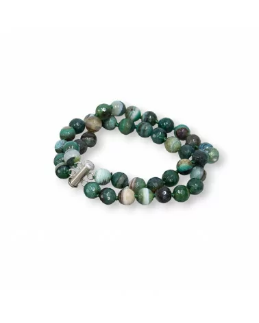 Bracciale Di Argento 925 Agata Verde Bosco Striata Sfaccettata 8mm Con Chiusura Barretta A 2 Fili 20cm-BRACCIALI DI ARGENTO 925 | Worldofjewel.com