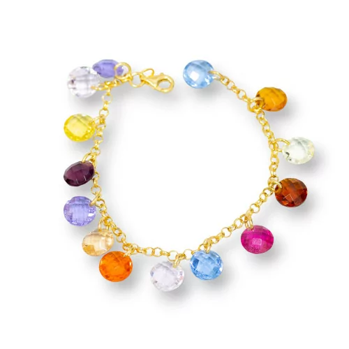 Bracciale Di Argento 925 Catena Rolò Placcato Oro Con Zirconi Multicolor Sfaccettati Pendenti 20cm-BRACCIALI DI ARGENTO 925 | Worldofjewel.com