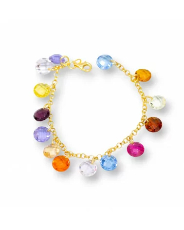 Bracciale Di Argento 925 Catena Rolò Placcato Oro Con Zirconi Multicolor Sfaccettati Pendenti 20cm-BRACCIALI DI ARGENTO 925 | Worldofjewel.com