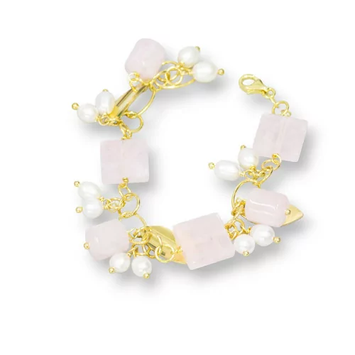 Bracciale Di Argento 925 Con Catena Placcato Oro Di Quarzo Rosa Forme E Perle Di Fiume Riso 18,5cm-BRACCIALI DI ARGENTO 925 | Worldofjewel.com