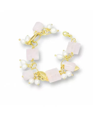 Bracciale Di Argento 925 Con Catena Placcato Oro Di Quarzo Rosa Forme E Perle Di Fiume Riso 18,5cm-BRACCIALI DI ARGENTO 925 | Worldofjewel.com