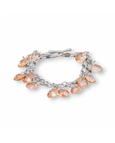 Bracciale Di Argento 925 Catena Rodiata A 3 Fili Con Pendenti Di Zirconi Champagne E Chiusura A T 20mm-BRACCIALI DI ARGENTO 925 | Worldofjewel.com