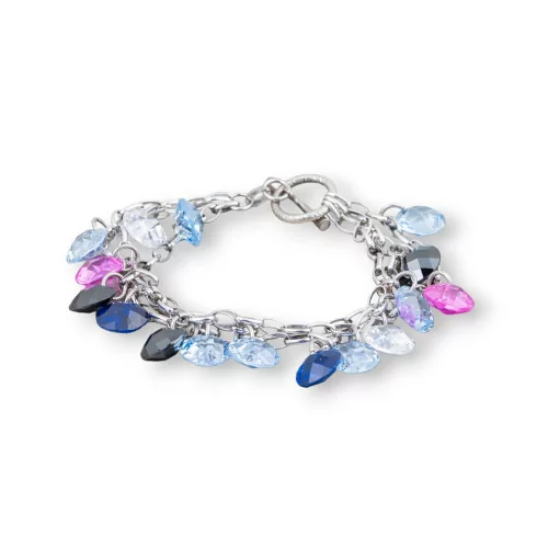 Bracciale Di Argento 925 Catena Rodiata A 3 Fili Con Pendenti Di Zirconi Multicolor E Chiusura A T 20mm-BRACCIALI DI ARGENTO 925 | Worldofjewel.com