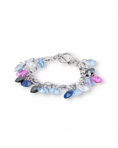 Bracciale Di Argento 925 Catena Rodiata A 3 Fili Con Pendenti Di Zirconi Multicolor E Chiusura A T 20mm-BRACCIALI DI ARGENTO 925 | Worldofjewel.com