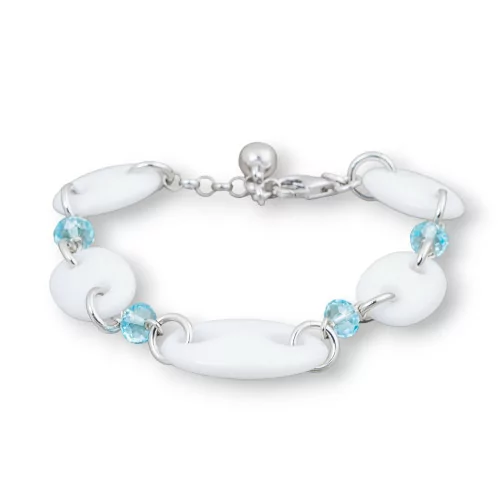 Bracciale Di Argento 925 Con Agata Bianca Maglia Marina E Zirconi Celeste 17cm + 2,5cm-BRACCIALI DI ARGENTO 925 | Worldofjewel.com