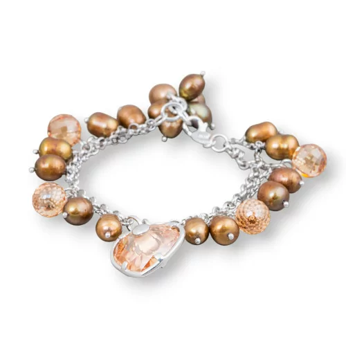 Bracciale Di Argento 925 Con Catena Perle Di Fiume Riso Bronzo E Zirconi Con Pendente Cuore 18,5cm + 2cm-BRACCIALI DI ARGENTO 925 | Worldofjewel.com