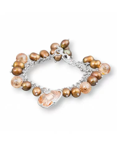 Bracciale Di Argento 925 Con Catena Perle Di Fiume Riso Bronzo E Zirconi Con Pendente Cuore 18,5cm + 2cm-BRACCIALI DI ARGENTO 925 | Worldofjewel.com