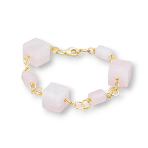 Bracciale Di Argento 925 Con Catena Placcato Oro Di Quarzo Rosa Cubo E Cilindri 20cm-BRACCIALI DI ARGENTO 925 | Worldofjewel.com