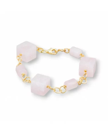 Bracciale Di Argento 925 Con Catena Placcato Oro Di Quarzo Rosa Cubo E Cilindri 20cm-BRACCIALI DI ARGENTO 925 | Worldofjewel.com