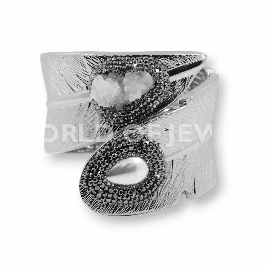 Bracciale Di Ottone Con Pietre Dure E Strass Marcasite M366 Foglia Bianco E Rodiato-BRACCIALI BRONZO E OCCHIO DI GATTO | Worldofjewel.com