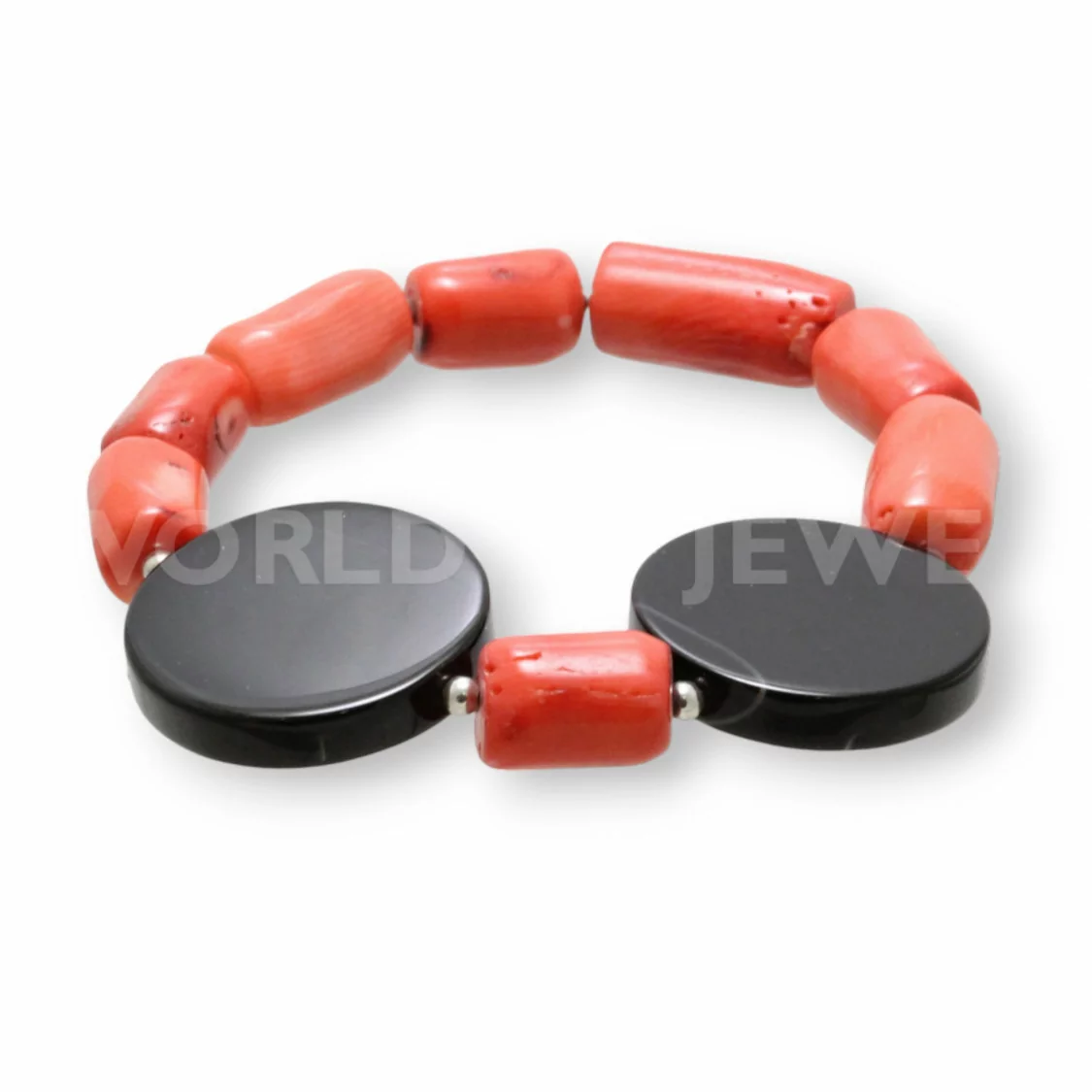 Bracciale Elastico di Corallo Bamboo Arancio E Onice Tondo Piatto Liscio-BRACCIALI DI PIETRE DURE | Worldofjewel.com