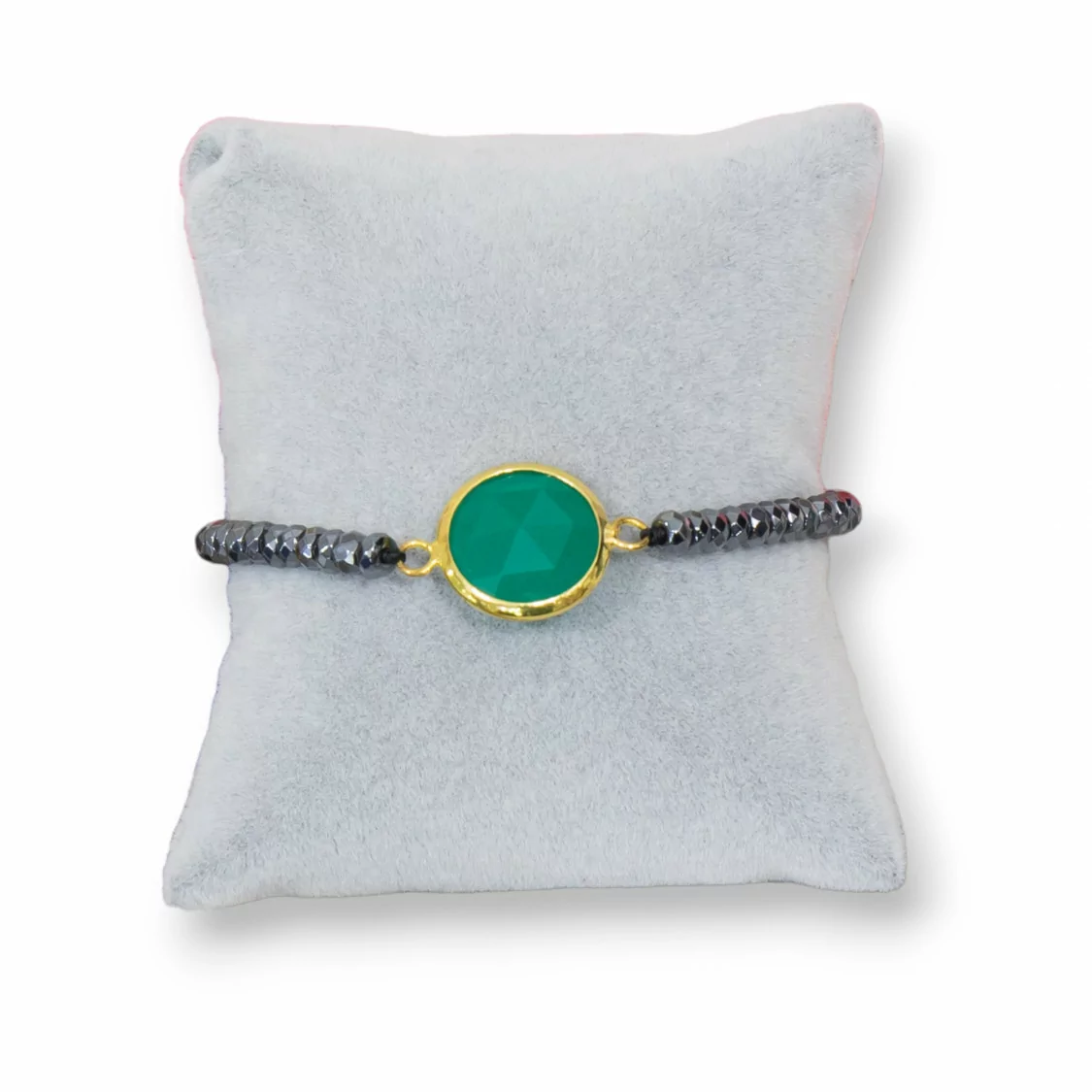 Bracciali Elastico Di Ematite Rondelle Sfaccettate E Cristalli Cabochon Incastonati 5pz Verde-BRACCIALI DI PIETRE DURE | Worldofjewel.com