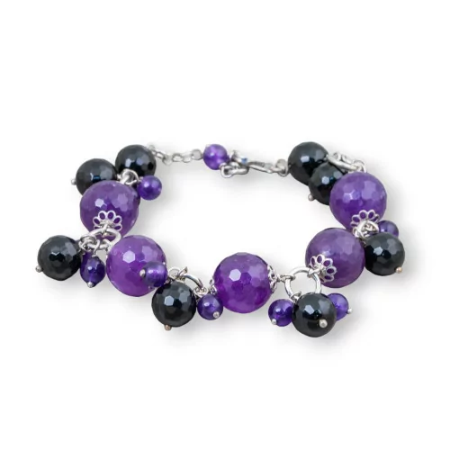 Bracciale Di Argento 925 Giada Coreana Viola E Onice Sfaccettato Con Coppette Fiore 19cm + 3,5 cm-BRACCIALI DI ARGENTO 925 | Worldofjewel.com