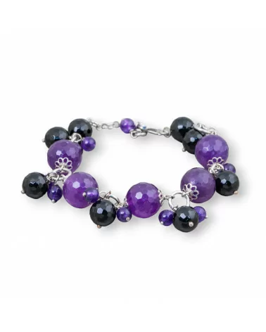 Bracciale Di Argento 925 Giada Coreana Viola E Onice Sfaccettato Con Coppette Fiore 19cm + 3,5 cm-BRACCIALI DI ARGENTO 925 | Worldofjewel.com