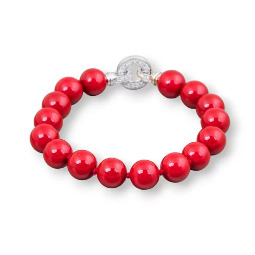 Bracciale Di Argento 925 Perle Di Maiorca Rosso 10mm E Chiusura Con Zirconi 20cm-BRACCIALI DI ARGENTO 925 | Worldofjewel.com