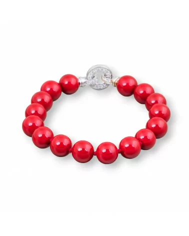 Bracciale Di Argento 925 Perle Di Maiorca Rosso 10mm E Chiusura Con Zirconi 20cm-BRACCIALI DI ARGENTO 925 | Worldofjewel.com