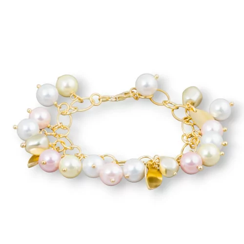 Bracciale Di Argento 925 Placcato Oro Con Catena E Foglie Satinate Di Perle Di Maiorca Rosa Bianco Giallo 20cm-BRACCIALI DI ARGENTO 925 | Worldofjewel.com