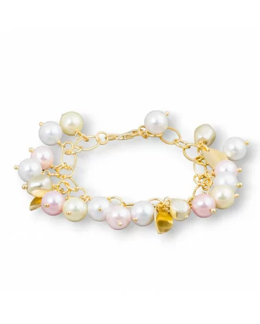 Bracciale Di Argento 925 Placcato Oro Con Catena E Foglie Satinate Di Perle Di Maiorca Rosa Bianco Giallo 20cm-BRACCIALI DI ARGENTO 925 | Worldofjewel.com