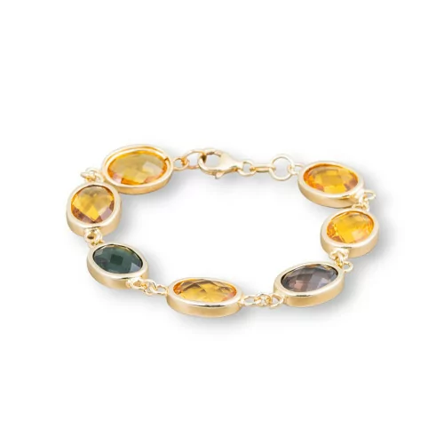 Bracciale Di Argento 925 Placcato Oro Con Zirconi Incastonati Ovali Multicolor 19cm-BRACCIALI DI ARGENTO 925 | Worldofjewel.com