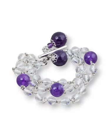 Bracciale Di Argento 925 Rosario Con Cristallo Di Rocca Sfacettato E Giada Viola Con Chiusura E Pendente-BRACCIALI DI ARGENTO 925 | Worldofjewel.com