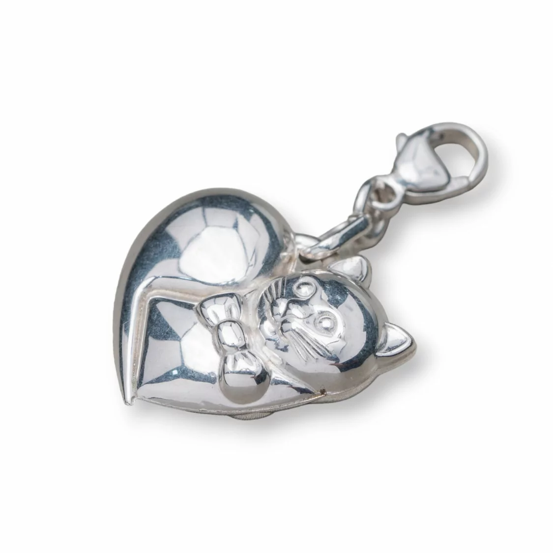 Ciondolo Pendente Charms Di Argento 925 Cuore Con Gatto E Moschettone 17x30mm 4pz-ARGENTO 925 DESIGN ITALY | Worldofjewel.com