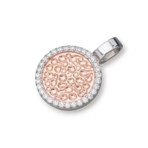 Ciondolo Pendente Di Argento 925 Cerchio Battuto 13,5x20mm Con Zirconi Rodiato E Oro Rosa 4pz-ARGENTO 925 DESIGN ITALY | Worldofjewel.com