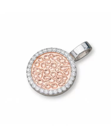 Ciondolo Pendente Di Argento 925 Cerchio Battuto 13,5x20mm Con Zirconi Rodiato E Oro Rosa 4pz-ARGENTO 925 DESIGN ITALY | Worldofjewel.com