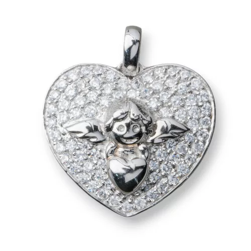 Ciondolo Pendente Di Argento 925 Con Zirconi Cuore E Angioletto 22mm-ARGENTO 925 DESIGN ITALY | Worldofjewel.com