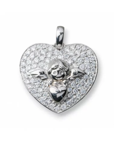 Ciondolo Pendente Di Argento 925 Con Zirconi Cuore E Angioletto 22mm-ARGENTO 925 DESIGN ITALY | Worldofjewel.com