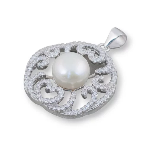 Ciondolo Pendente Di Argento 925 Astratto Tondo Con Zirconi E Perle Di Fiume 25x32mm-ARGENTO 925 DESIGN ITALY | Worldofjewel.com