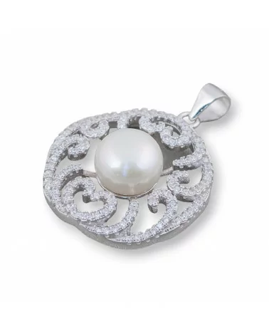 Ciondolo Pendente Di Argento 925 Astratto Tondo Con Zirconi E Perle Di Fiume 25x32mm-ARGENTO 925 DESIGN ITALY | Worldofjewel.com