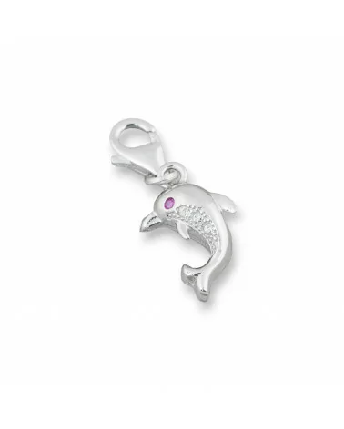 Ciondolo Pendente Di Argento 925 Con Moschettone E Zirconi 12x20mm 3pz Delfini-ARGENTO 925 DESIGN ITALY | Worldofjewel.com