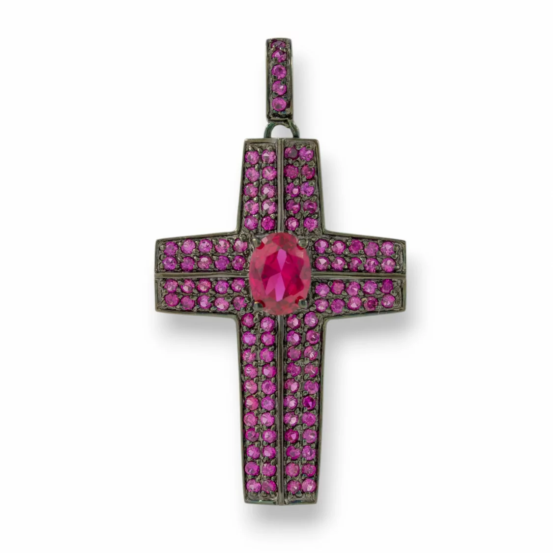 Ciondolo Pendente Di Argento 925 Croce Brunita Con Zirconi Ruby 25x45mm-ARGENTO 925 DESIGN ITALY | Worldofjewel.com