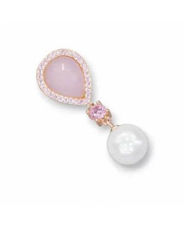 Ciondolo Pendente Di Argento 925 Rosa Con Perle Di Maiorca 16x43mm-ARGENTO 925 DESIGN ITALY | Worldofjewel.com