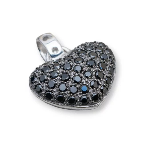 Ciondolo Pendente Di Argento 925 Cuore Con Zirconi Neri 22x24mm-ARGENTO 925 DESIGN ITALY | Worldofjewel.com