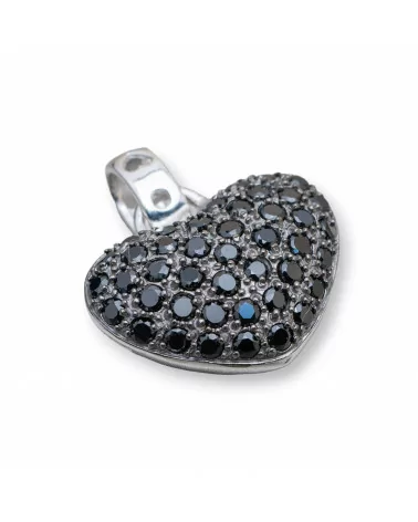 Ciondolo Pendente Di Argento 925 Cuore Con Zirconi Neri 22x24mm-ARGENTO 925 DESIGN ITALY | Worldofjewel.com