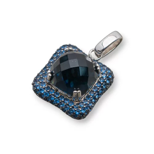 Ciondolo Pendente Di Argento 925 Quadrato Con Zirconi Blu Indaco E Onice Sfaccettato 18x28mm-ARGENTO 925 DESIGN ITALY | Worldofjewel.com