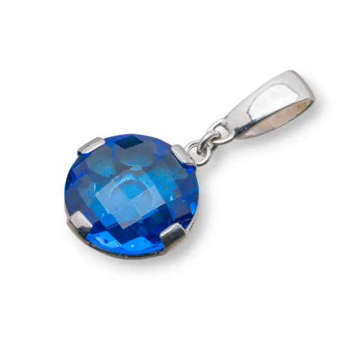 Ciondolo Pendente Di Argento 925 Tondo Piatto Con Cubic Zirconia Blu 18x35mm-ARGENTO 925 DESIGN ITALY | Worldofjewel.com