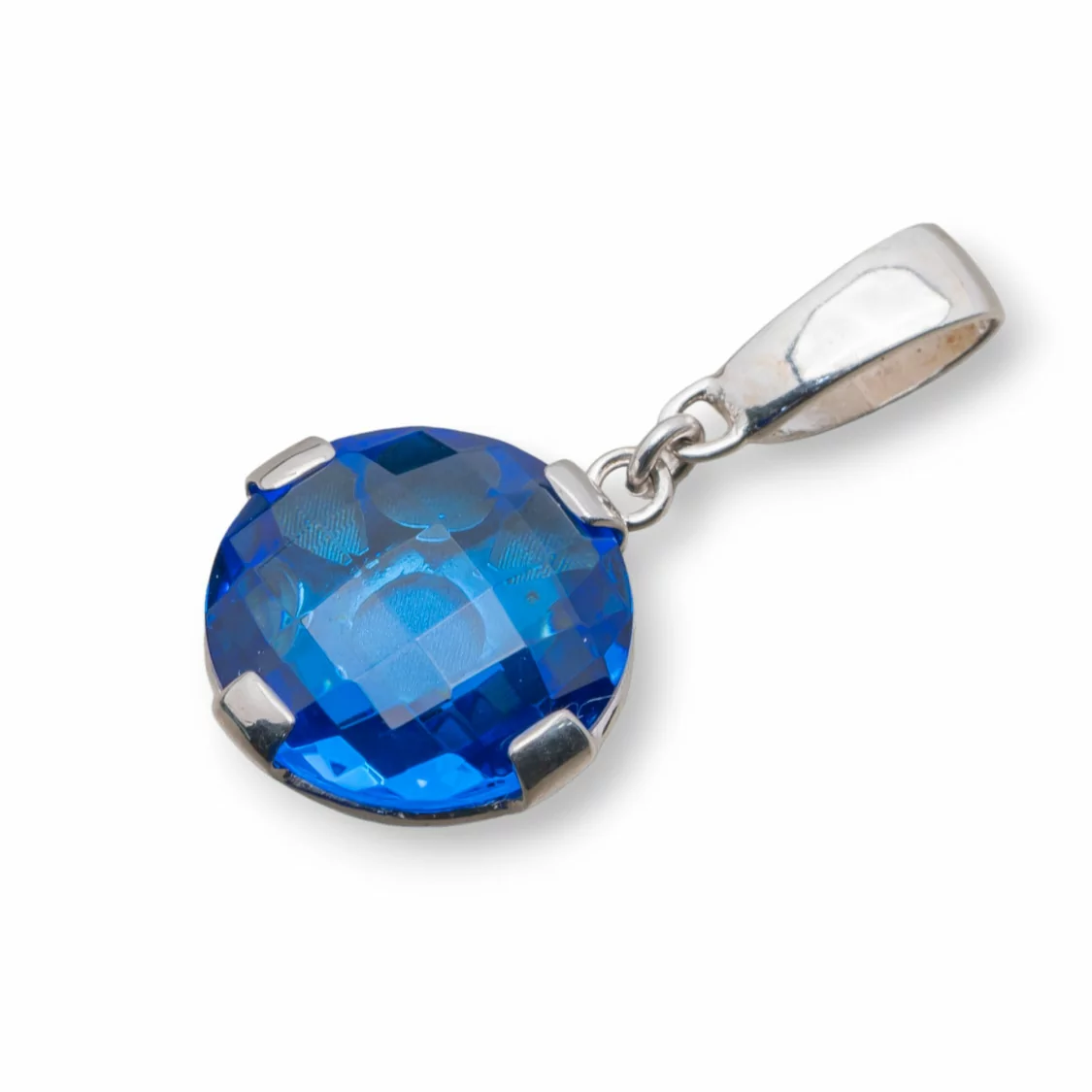 Ciondolo Pendente Di Argento 925 Tondo Piatto Con Cubic Zirconia Blu 18x35mm-ARGENTO 925 DESIGN ITALY | Worldofjewel.com